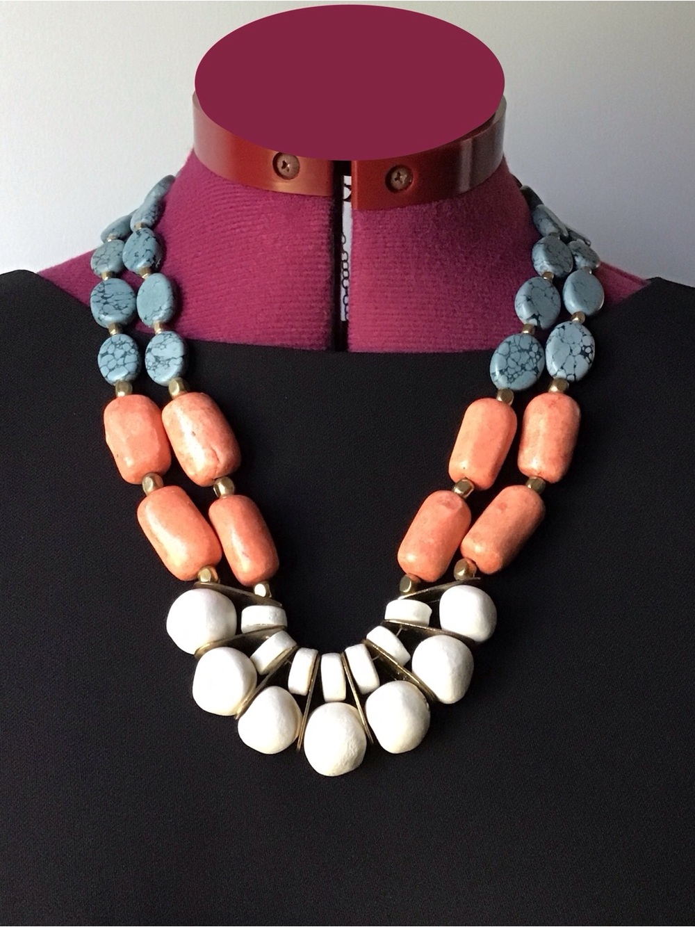 Faux Coral and Faux Turquoise Beaded Statement Tribal Necklace White Orange Blue
